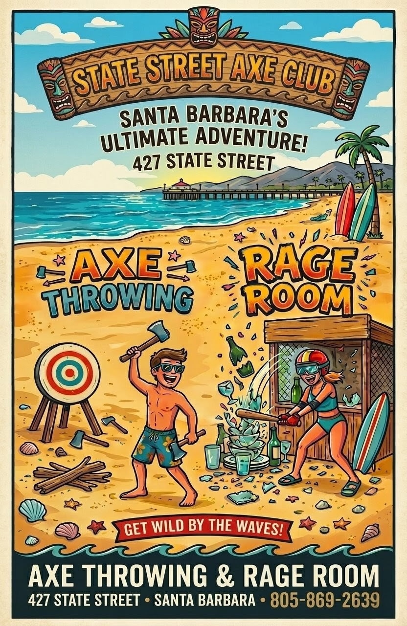 State Street Axe Club tiki beach poster - Axe Throwing and Rage Room